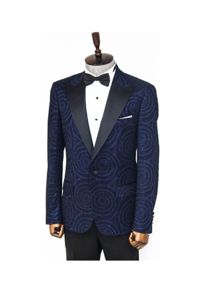 Wessi Hipnoz Desen Sivri Yaka Slim Fit Lacivert Erkek Smokin Ceket Lacivert