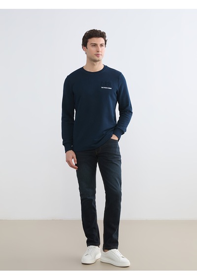 Lcwaıkıkı Classic Lacivert Bisiklet Yaka Baskılı Erkek Sweatshirt