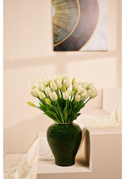 Beyaz Yapay Tulipa Lale Çiçeği Buketi 5 Dallı Premium Canlı Islak Dokulu 43 Cm