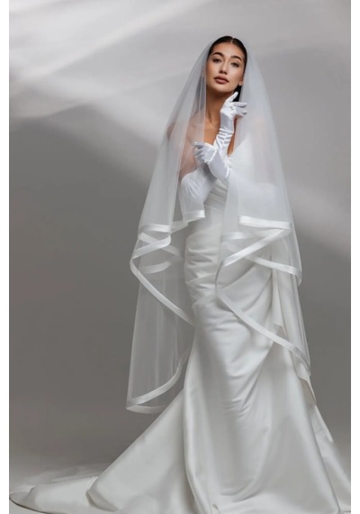 Ezni Atelier Saten Bitişli Tül Zarif Gelin Duvağı 75 + 200 Cm Beyaz Beyaz