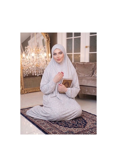 Flora Tekstil Kadın Namaz Elbisesi - İki Parça Çiçek Deseni Mevsimlik Terletmeyen Jarse Kumaş - Rahat Kalıp Açık Gri