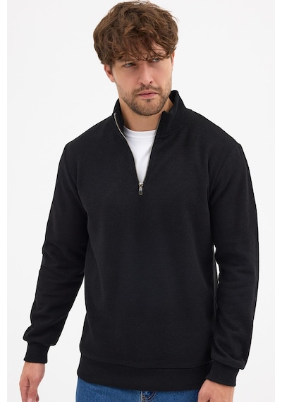 Mmetalic Erkek Siyah Standart Fit Normal Kesim Pamuklu Yarım Fermuarlı Dik Yaka Pamuklu Sweatshirt Siyah