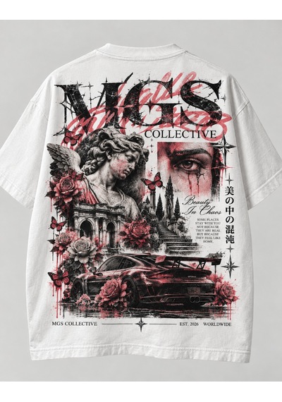 The Mgs Collective Beauty İn Chaos Oversize Baskılı Unisex Beyaz T-shirt