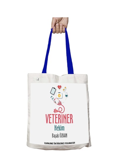 Art Hediye Mavi Kulplu Kişiye Özel Veteriner Hekim Pati Yıkanabilir Omuz Çanta Çok Renkli