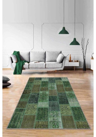 Yeşil Patchwork Kaymaz Taban Makinede Yıkanabilir Halı Rv226n11