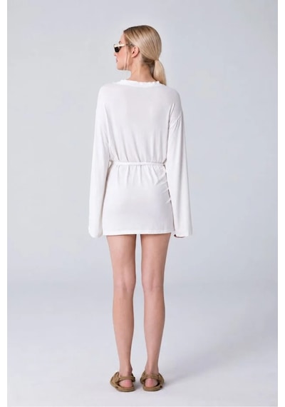 Cloudymood Kadın Siyah Kuşaklı Ultra Soft Ekru Kimono Beyaz - 924380525 Beyaz