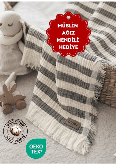 Bebek & Çocuk İçin % 100 Pamuk 4 Katlı Müslin Örtü Antrasit Çizgili 110x110 CM
