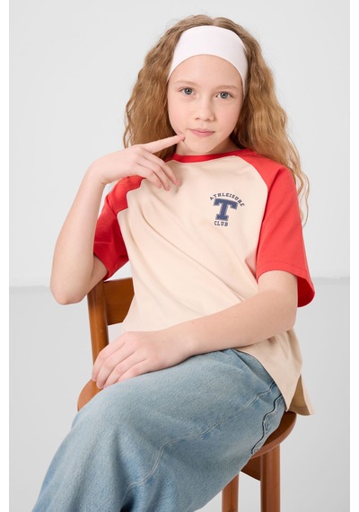 Bej O Yaka Pamuklu Baskılı Oversize Fit Kız Çocuk T-shirt - 75179 Bej