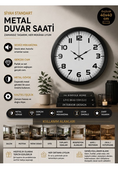 Almira Duvar Saati Black Simplex 40 Cm Metal Duvar Saati Siyah