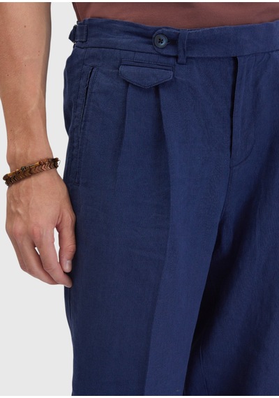 Ramsey İndigo Çizgili Dokuma Carrot Fit Casual %100 Keten Pantolon