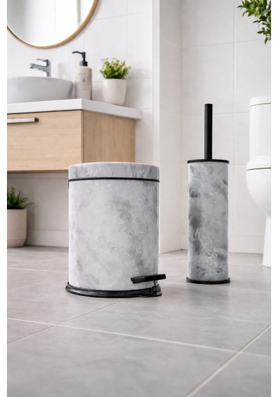 Beyaz Mermer Desenli 2'li Banyo Seti - Metal Çöp Kovası 3 Lt Ve Wc Fırçası Takımı Beyaz