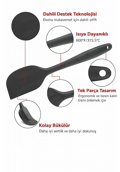 6 Adet Spatula Seti - 1. Kalite Çelik Silikon - Pastacı Spatula Seti - Isıya Dayanıklı Yapışmaz Siyah
