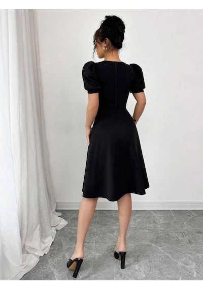 Defymoda Kadın Kısa Kollu Bisiklet Yaka Önden Düğmeli Ithal Krep Elbise Siyah