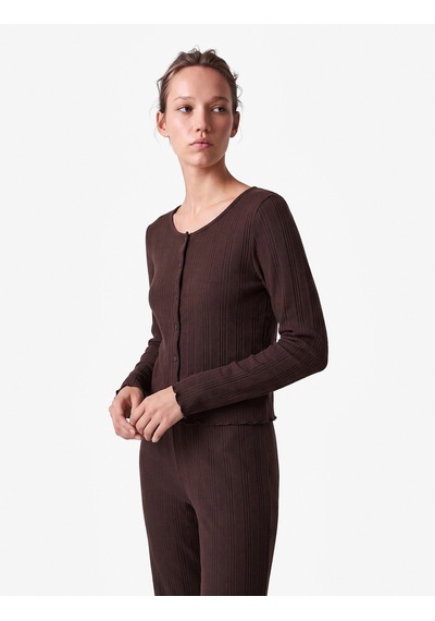 Koton Bisiklet Yaka Düğmeli Dokulu Uzun Kollu Triko Pijama Üstü Kahverengi 7wlk40110mk Kahve