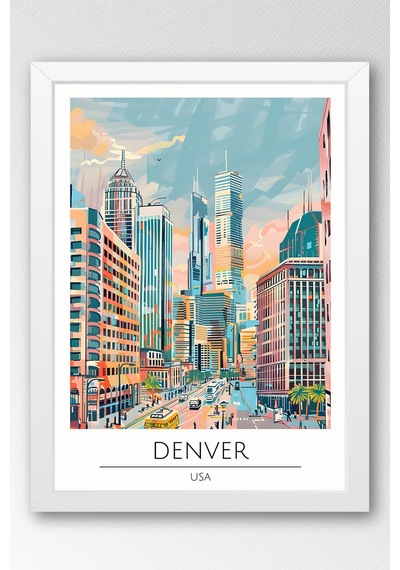 Abd Denver Temalı Çerçeveli Tablo Travel Serisi Modern İllüstrasyon Şehir Duvar Dekoru Beyaz