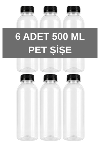 6 Adet Yuvarlak Plastik Şişe 500ml Siyah Kapaklı Şeffaf