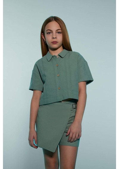 DeFacto Kız Çocuk Cropped Fit Keten Kısa Kollu Gömlek D9143A825SMGN1107