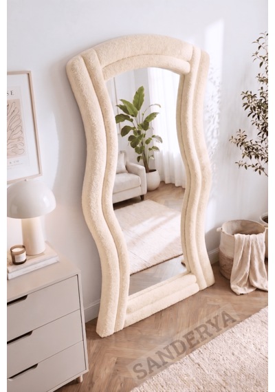 Lusso Krem Renk Kumaş Kaplamalı Dalgalı Kavisli Ayaklı Boy Aynası 182x87 Cm