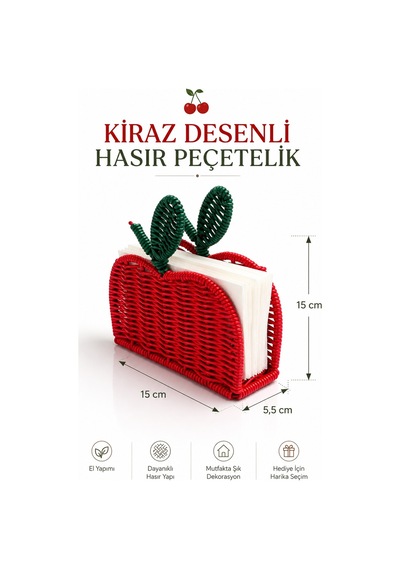 Kiraz Şeklinde Hasır Detaylı Peçetelik 15.5x4 Cm Kırmızı
