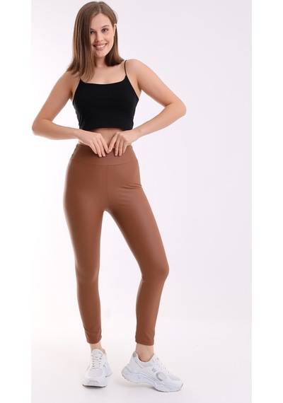 Winmoda34 Kadın Mat Yüksek Bel Içi Polarlı Deri Tayt Kahve
