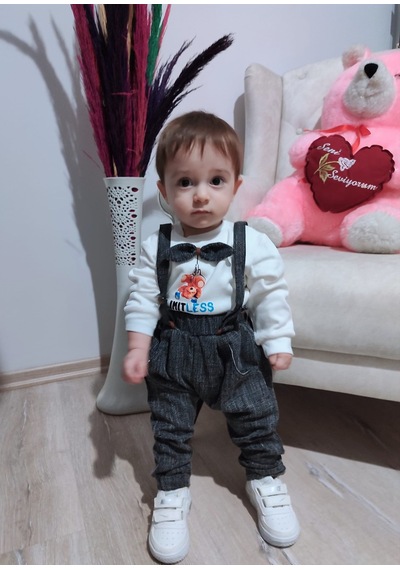 9-12-18 Ay Papyonlu Sweat Kot Pantolon 2li Erkek Bebek Salopet Takımı Çok Renkli