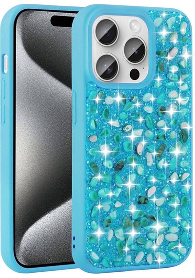 Apple Uyumlu iPhone 15 Pro Max Kılıf Parlak Taşlı Tasarım Zore Linea Kapak Mavi Açık