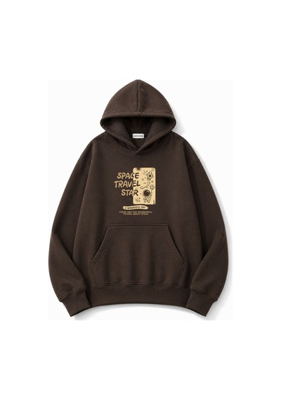 Herkesemoda Space Travel Baskılı Kanguru Cepli Oversize Sweatshirt Kahverengi