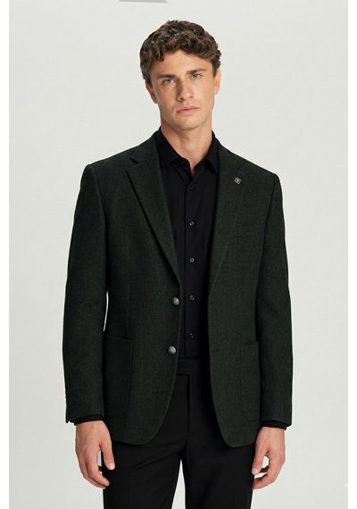 Erkek Yeşil Dar Kesim Slim Fit Yünlü Dokuma Torba Cep Mono Yaka 4 Drop Ceket