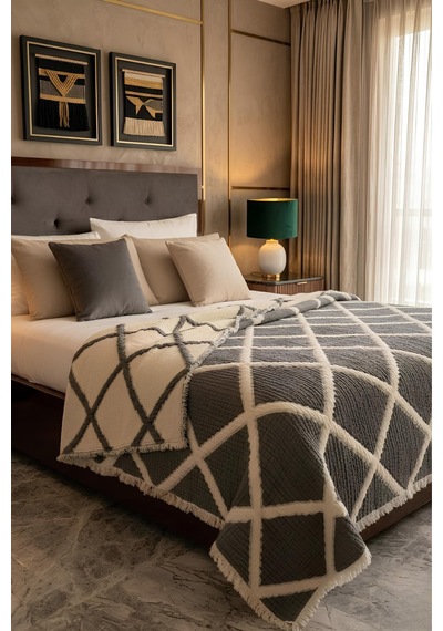 Premium Geometrik Kare Desenli %100 Pamuk Müslin Çift Taraflı Yatak Örtüsü Pike 220x240 Çift Kişilik Antrasit