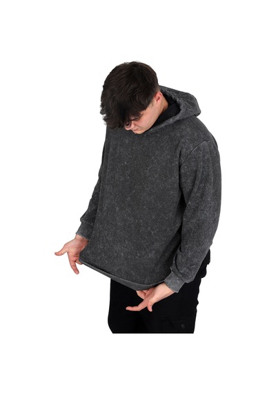 Mode Xl Büyük Beden Erkek Kapüşonlu Sweatshirt Asit Yıkama Interlok U24167 Gri Gri