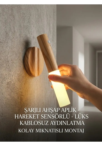 Günışığı Led Şarjlı Duvar Aplik Ahşap Renk Hareket Sensörlü Kablosuz Lüks Lamba Modeli Çok Renkli