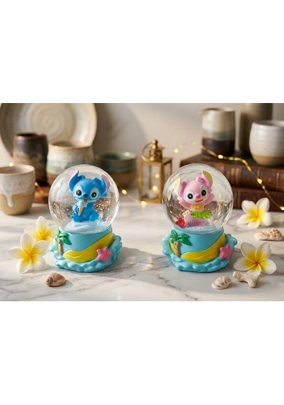 9cm-6cm Işıklı Pembe Ve Mavi Renk Hediyelik-dekoratif 2 Li Stitch Kar Küresi 9x6