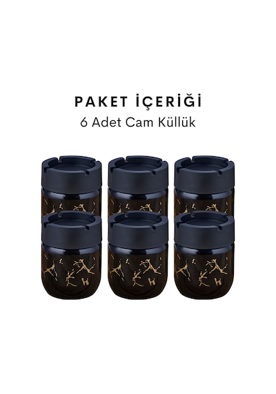 Grimorlife 6 Adet Siyah Bronz Mermer Desenli Dekoratif Cam Kokusuz Küllük Kül Tablası Seti 425 Cc