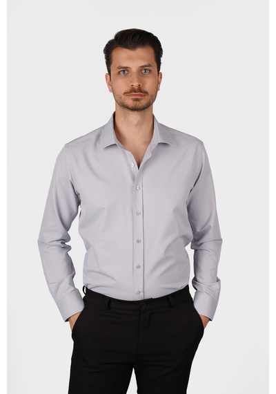 Gri Saten Slimfit Erkek Gömlek Gri