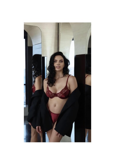 Loveria Bordo Saten Balenli Dantel Detaylı Sütyen Takım Bordo Bordo