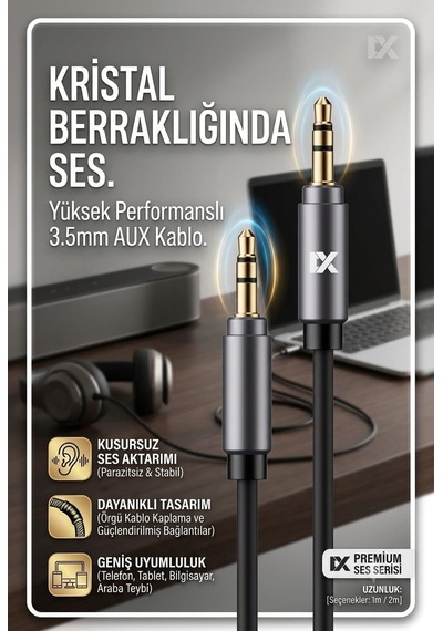 3.5mm Çivi Jack Aux Kablosu Metal Uçlar Hasır Sarım 1 Metre Ac-01