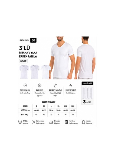 Yıldız Çamaşır Erkek Ribana V Yaka %100 Pamuk Body Fanila Atlet 60-61-62 - 3 Adet Beyaz