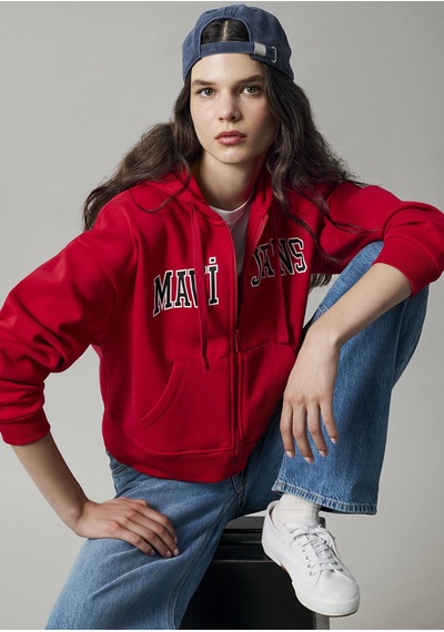 Mavi Fermuarlı Logo Sweatshırt Kırmızı