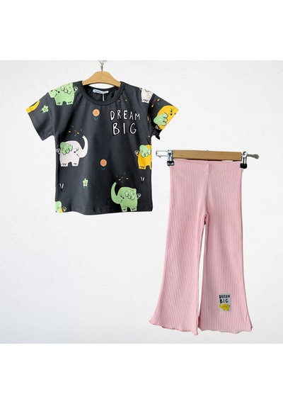 Kız Çocuk Baskılı Tişört Ve Pantolon Takım Pembe Çok Renkli
