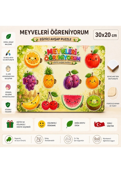 Meyveleri Öğreniyorum Ahşap Puzzle - Eğitici Ve Öğretici Montessori Zeka Oyunu 30x20 Cm