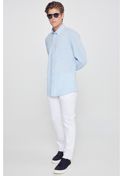AC&Co / Altınyıldız Classics Erkek Acık Mavı Pamuklu Tailored Slim Fit Dar Kesim Düğmeli Yaka Örme Gömlek