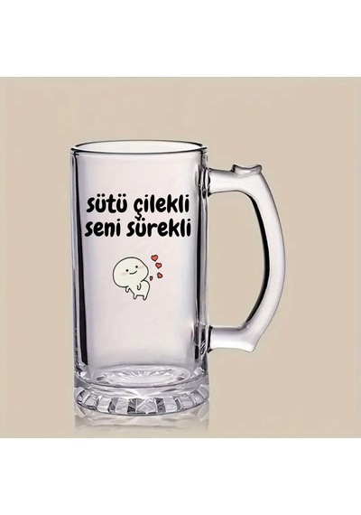 Sütü Çilekli Seni Sürekli Tasarımlı Arjantin Bira Bardağı Kulplu Bardak