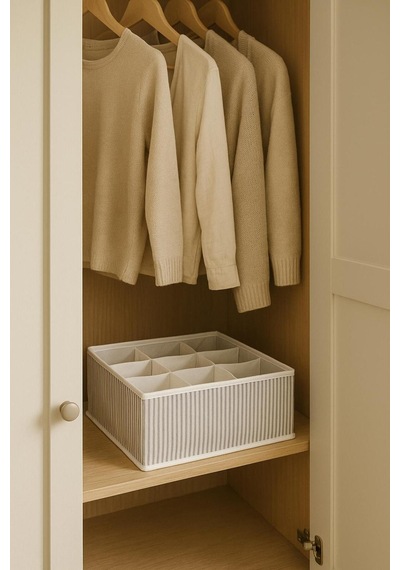 12 Bölmeli Kumaş Organizer - Çekmece İçi Düzenleyici Gri Çizgili Tekstil Hurç Polipropilen 34 X 25 Diğer