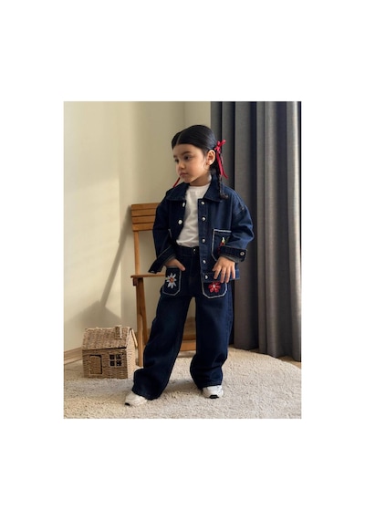 Toikids Kız Çocuk Nakış İşlemeli 3 Parçalı Kot Takım Lacivert