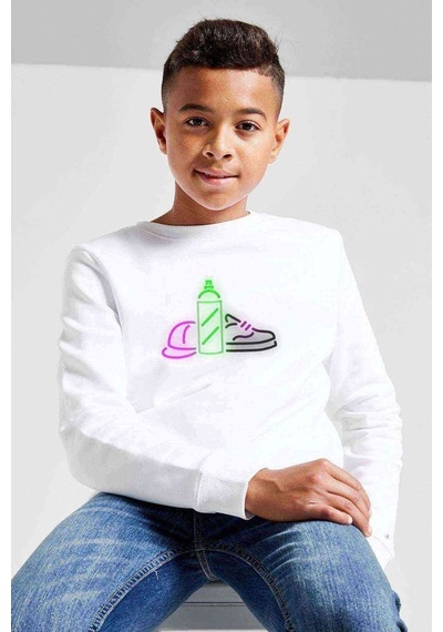 Tshirthane Grafitti Neon Light Baskılı Unisex Çocuk Beyaz Sweatshirt Beyaz