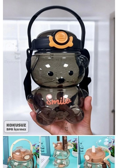 Şeffaf Smile Ayıcık Black Su Matarası 1000ml Askılı Çocuk Su Şişesi Pipetli Sızdırmaz Kokusuz Suluk Diğer