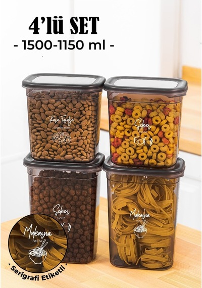Vienev Beyaz Serigrafi Etiketli 4'lü Peggy Dikdörtgen Saklama Kabı Seti 2x1500-1150 ML Antrasit