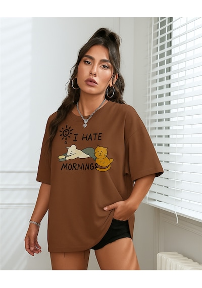 Kedi Baskılı Unisex Tişört Kahverengi