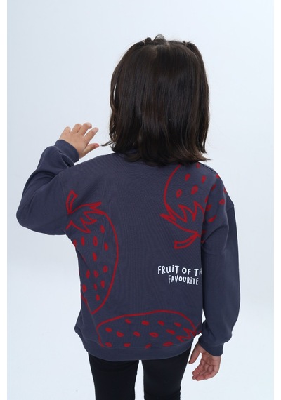 Kız Çocuk Relax Fit Bisiklet Yaka Düşük Omuz Baskılı Sweatshirt Füme Melanj
