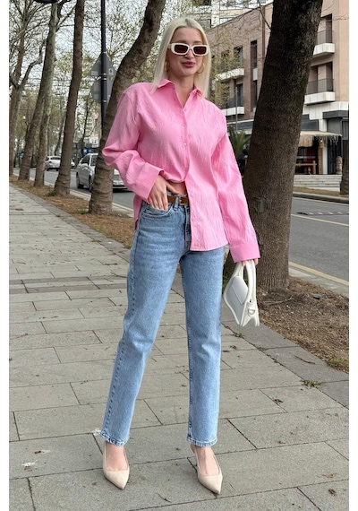 Madmext Pembe Kırışık Desen Kadın Gömlek Mg2313 Pembe